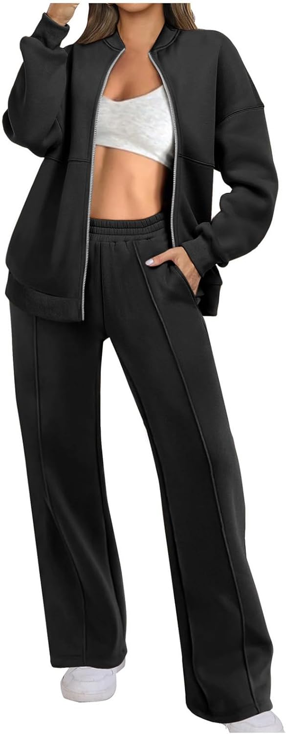 Two Piece Set for Women Full Zipper Jackets and Trousers Set