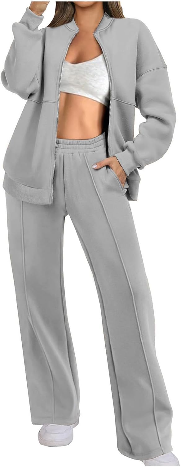 Two Piece Set for Women Full Zipper Jackets and Trousers Set