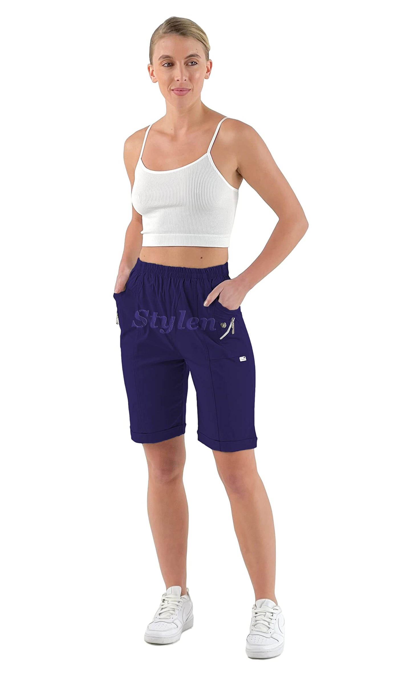 URBAN STITCH Womens Capri Trousers Shorts with Pockets Casual Wear Full Length Trousers Elasticated High Waist Pants Lounge Wear Plus Size