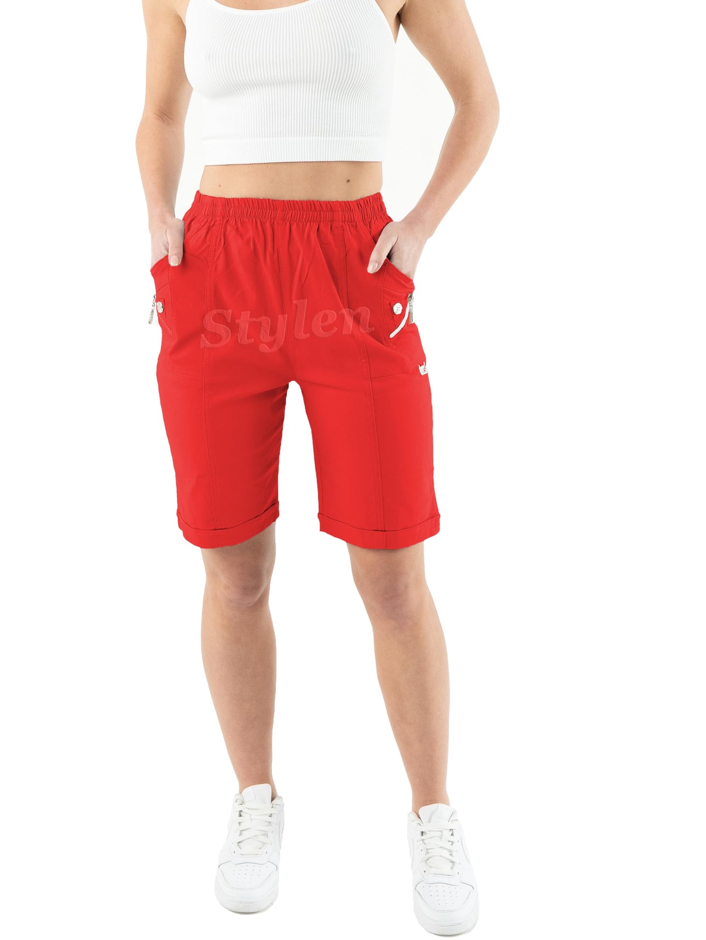 URBAN STITCH Womens Capri Trousers Shorts with Pockets Casual Wear Full Length Trousers Elasticated High Waist Pants Lounge Wear Plus Size