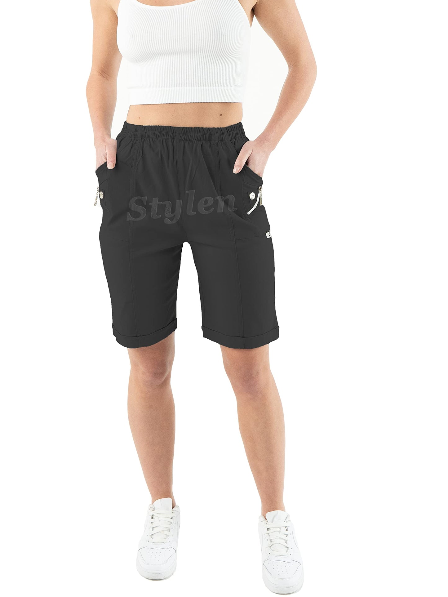 URBAN STITCH Womens Capri Trousers Shorts with Pockets Casual Wear Full Length Trousers Elasticated High Waist Pants Lounge Wear Plus Size