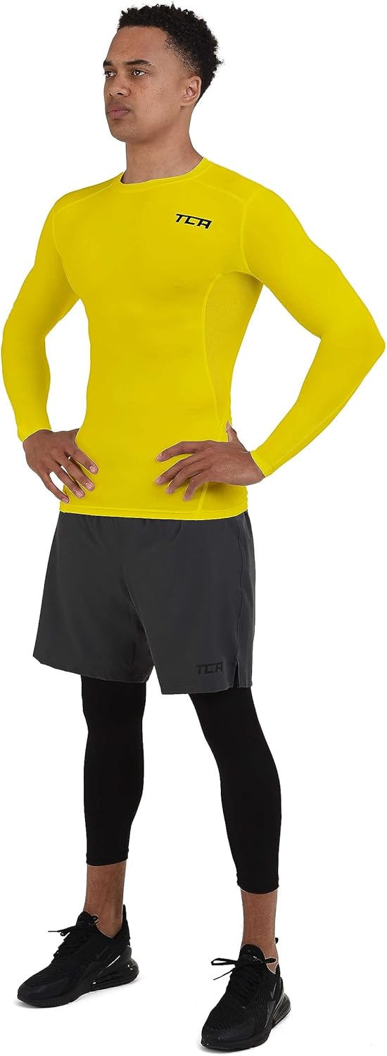 TCA Boys' HyperFusion Compression Base Layer Top Long Sleeve Under Shirt - Crew Neck - Mock/Crew Neck - Sonic Yellow, 10-12 Years