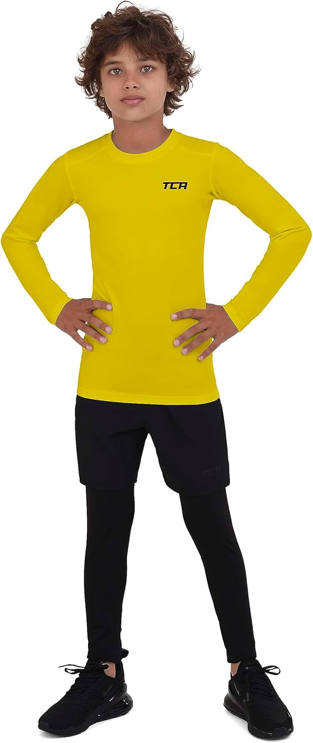 TCA Boys' HyperFusion Compression Base Layer Top Long Sleeve Under Shirt - Crew Neck - Mock/Crew Neck - Sonic Yellow, 10-12 Years