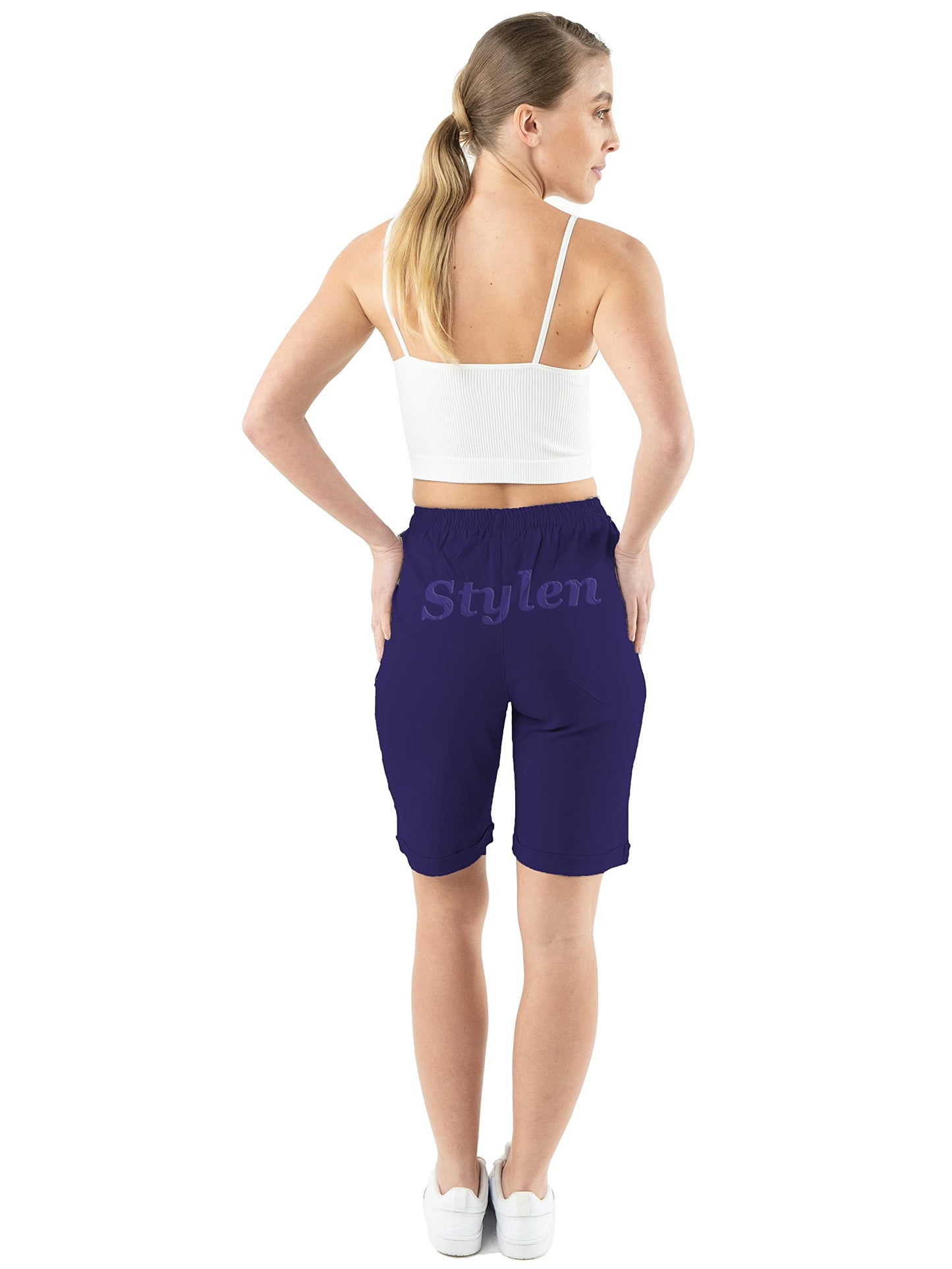 URBAN STITCH Womens Capri Trousers Shorts with Pockets Casual Wear Full Length Trousers Elasticated High Waist Pants Lounge Wear Plus Size
