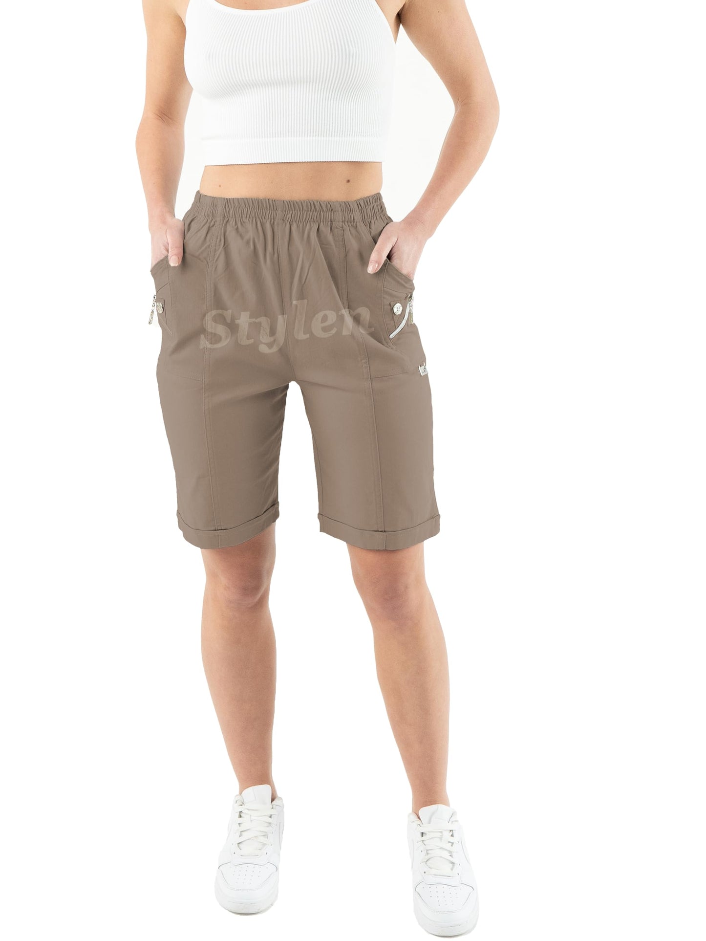 URBAN STITCH Womens Capri Trousers Shorts with Pockets Casual Wear Full Length Trousers Elasticated High Waist Pants Lounge Wear Plus Size