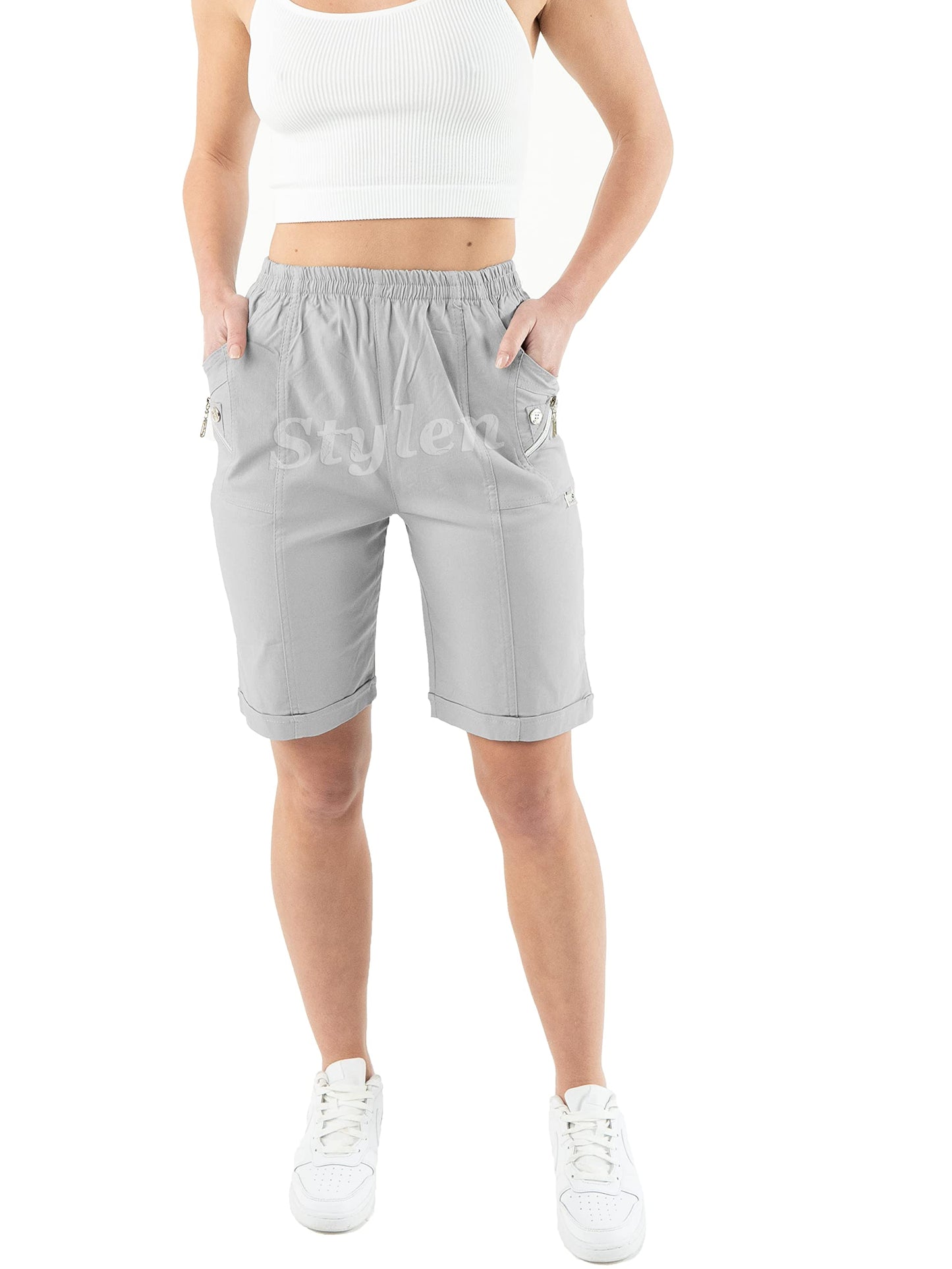 URBAN STITCH Womens Capri Trousers Shorts with Pockets Casual Wear Full Length Trousers Elasticated High Waist Pants Lounge Wear Plus Size