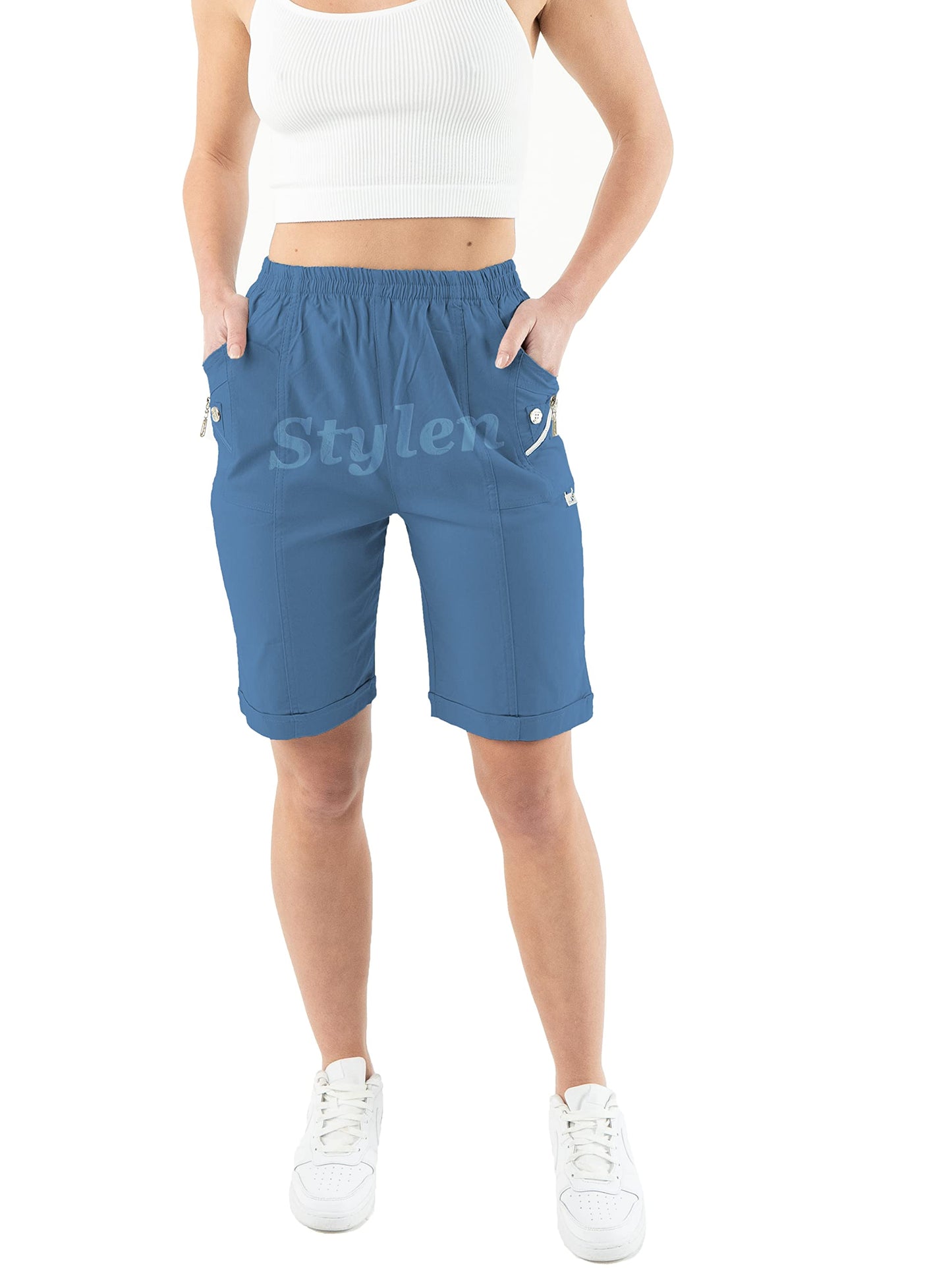 URBAN STITCH Womens Capri Trousers Shorts with Pockets Casual Wear Full Length Trousers Elasticated High Waist Pants Lounge Wear Plus Size