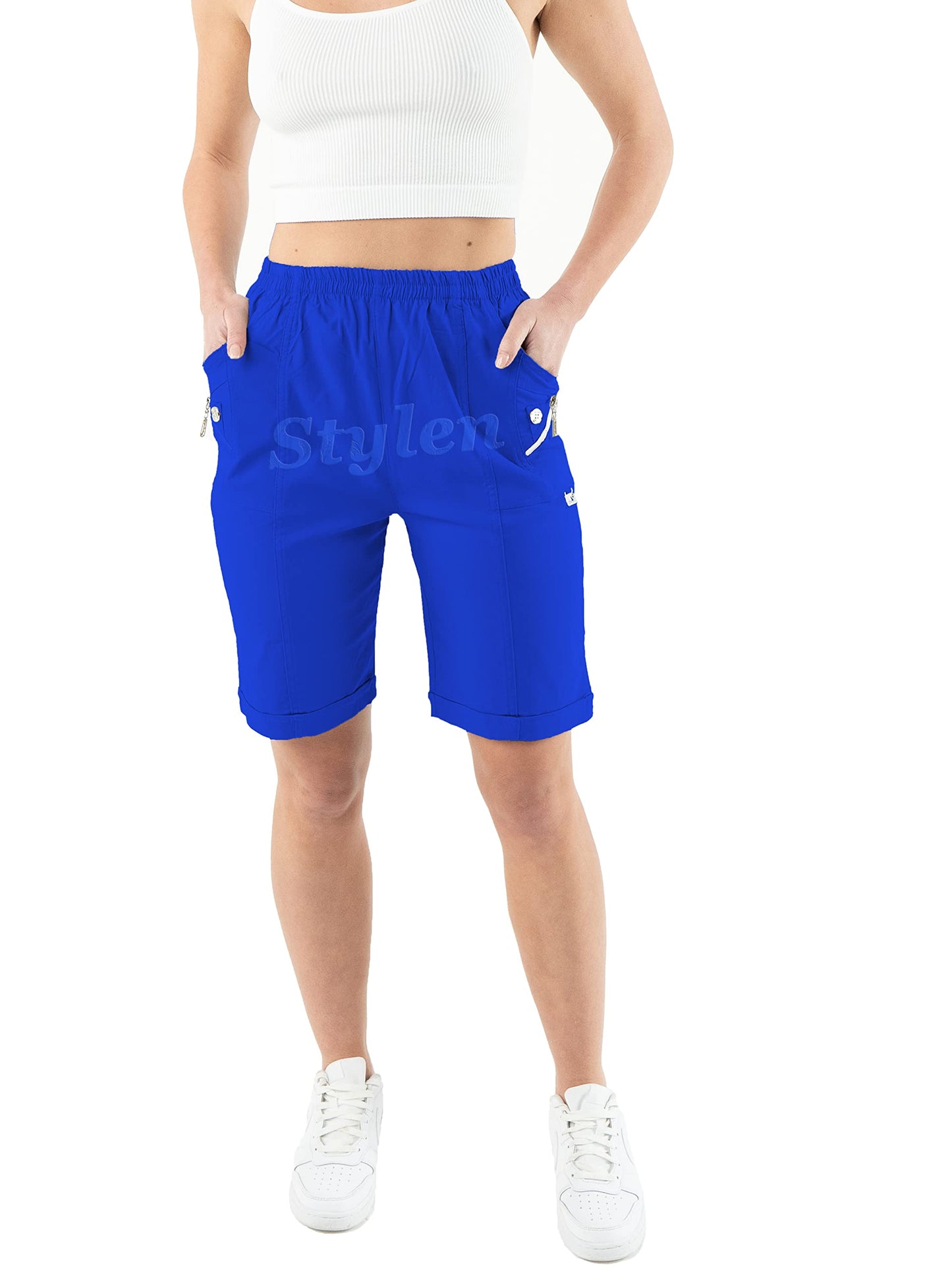 URBAN STITCH Womens Capri Trousers Shorts with Pockets Casual Wear Full Length Trousers Elasticated High Waist Pants Lounge Wear Plus Size
