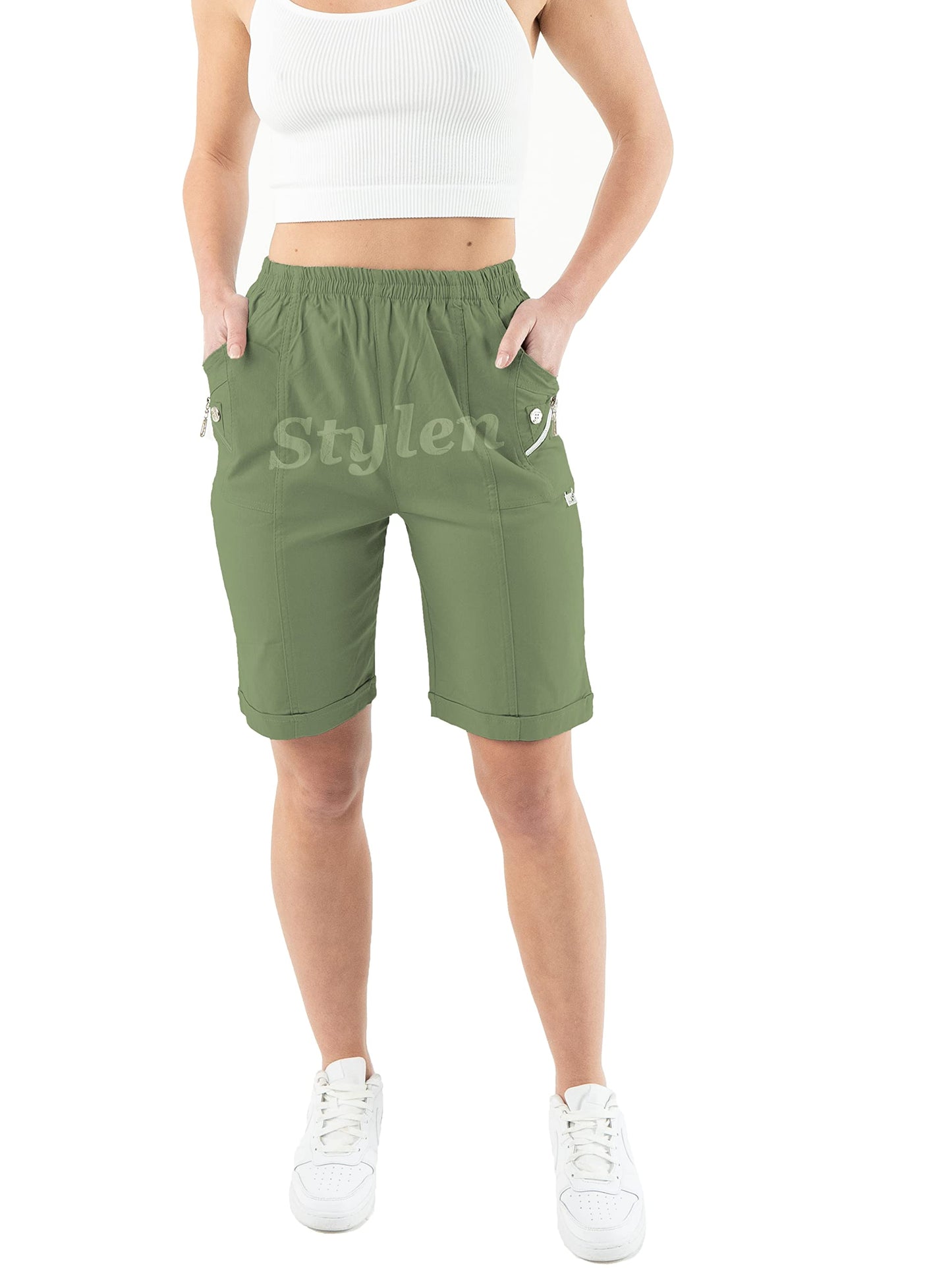 URBAN STITCH Womens Capri Trousers Shorts with Pockets Casual Wear Full Length Trousers Elasticated High Waist Pants Lounge Wear Plus Size