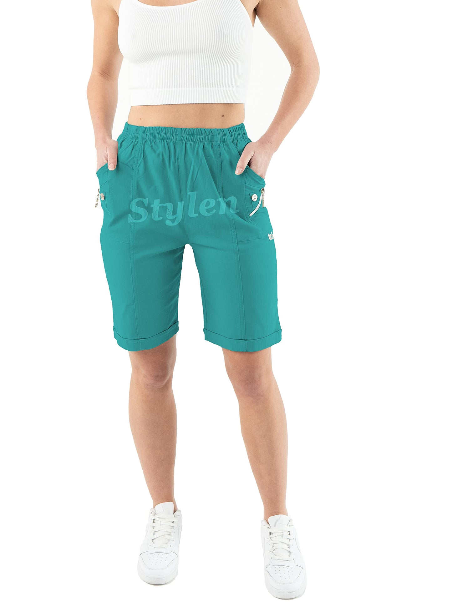 URBAN STITCH Womens Capri Trousers Shorts with Pockets Casual Wear Full Length Trousers Elasticated High Waist Pants Lounge Wear Plus Size