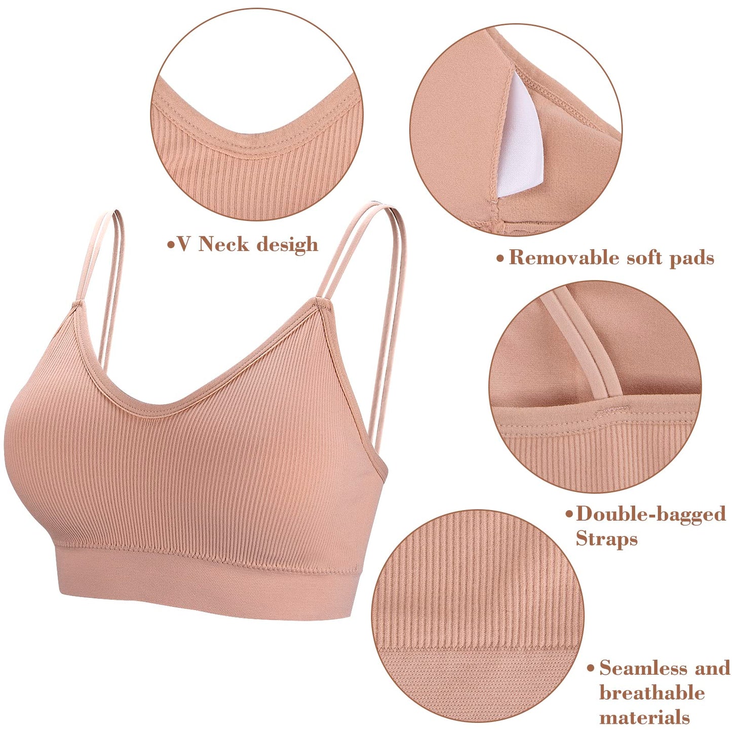 BQTQ 5 Pieces Camisole Bras for Women V Neck Camisole Bralettes Seamless Sleeping Bra with Straps and Removable Pads for Women Girls