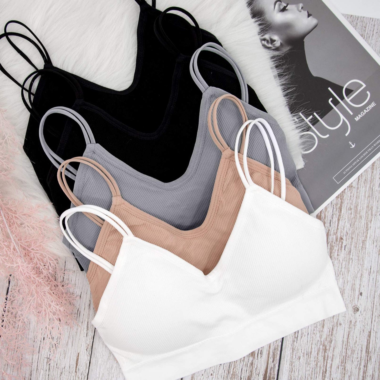 BQTQ 5 Pieces Camisole Bras for Women V Neck Camisole Bralettes Seamless Sleeping Bra with Straps and Removable Pads for Women Girls