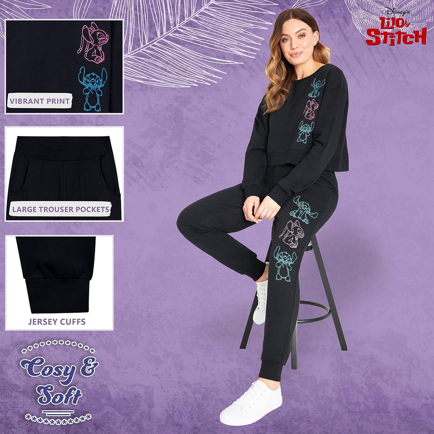 Disney Tracksuit Womens Full Set, Stitch Crop Top Loungewear Set