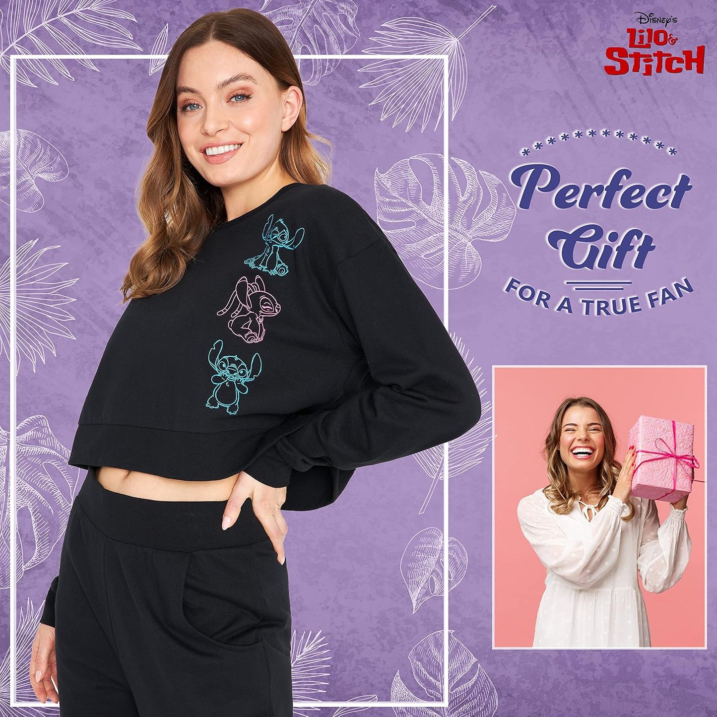 Disney Tracksuit Womens Full Set, Stitch Crop Top Loungewear Set