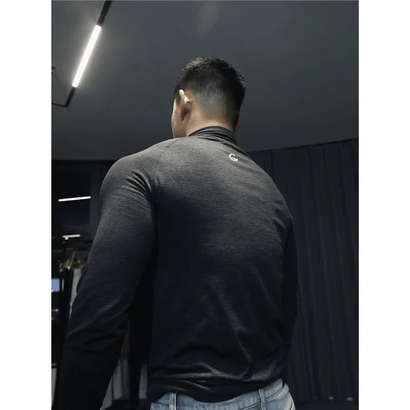 Men's Seamless Jacquard Zipper Long Sleeve Quick Drying Slim Fit T-Shirt