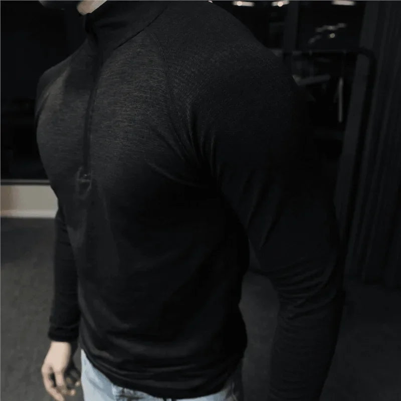 Men's Seamless Jacquard Zipper Long Sleeve Quick Drying Slim Fit T-Shirt