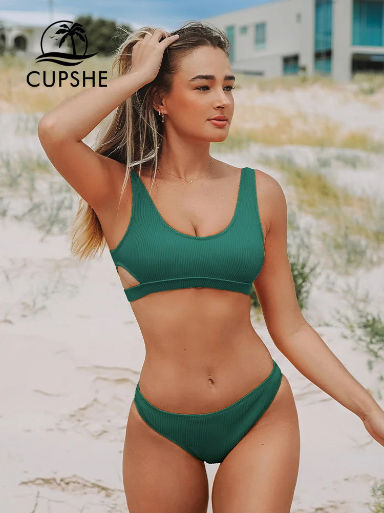 CUPSHE Ribbed Solid Low Waist Bikini Set