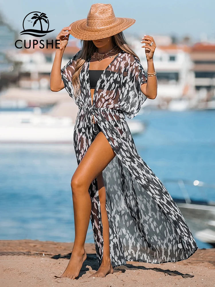 CUPSHE Leopard Print Maxi Length Kimono Bikini Cover Up