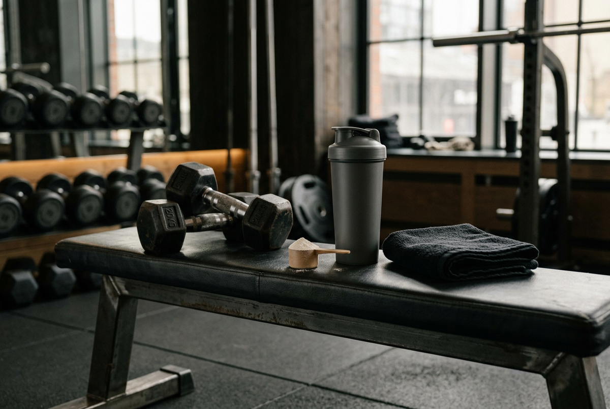 Charcoal shaker bottle, dumbbells, powder scoop and folded towel on a gym bench.