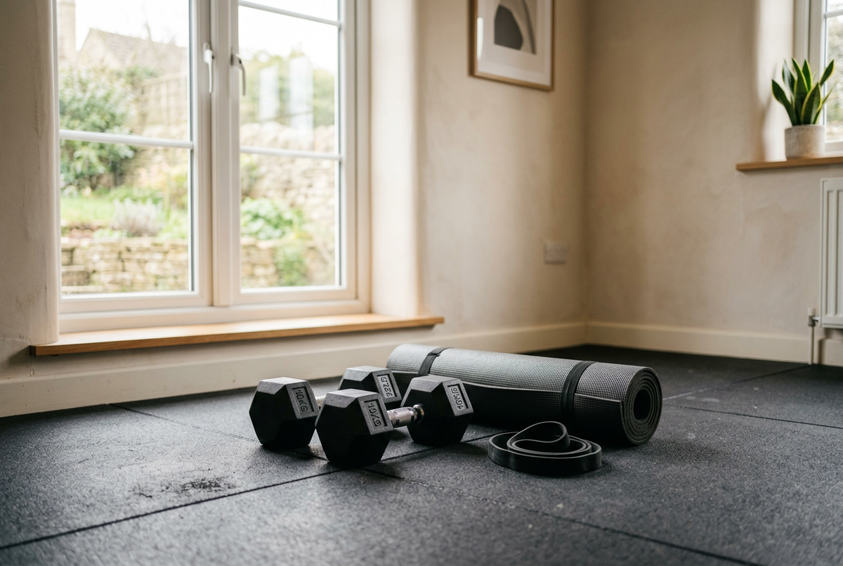 Black dumbbells, a rolled exercise mat and a loop resistance band on rubber flooring in a sunlit home workout space.