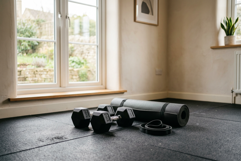 Black dumbbells, a rolled exercise mat and a loop resistance band on rubber flooring in a sunlit home workout space.
