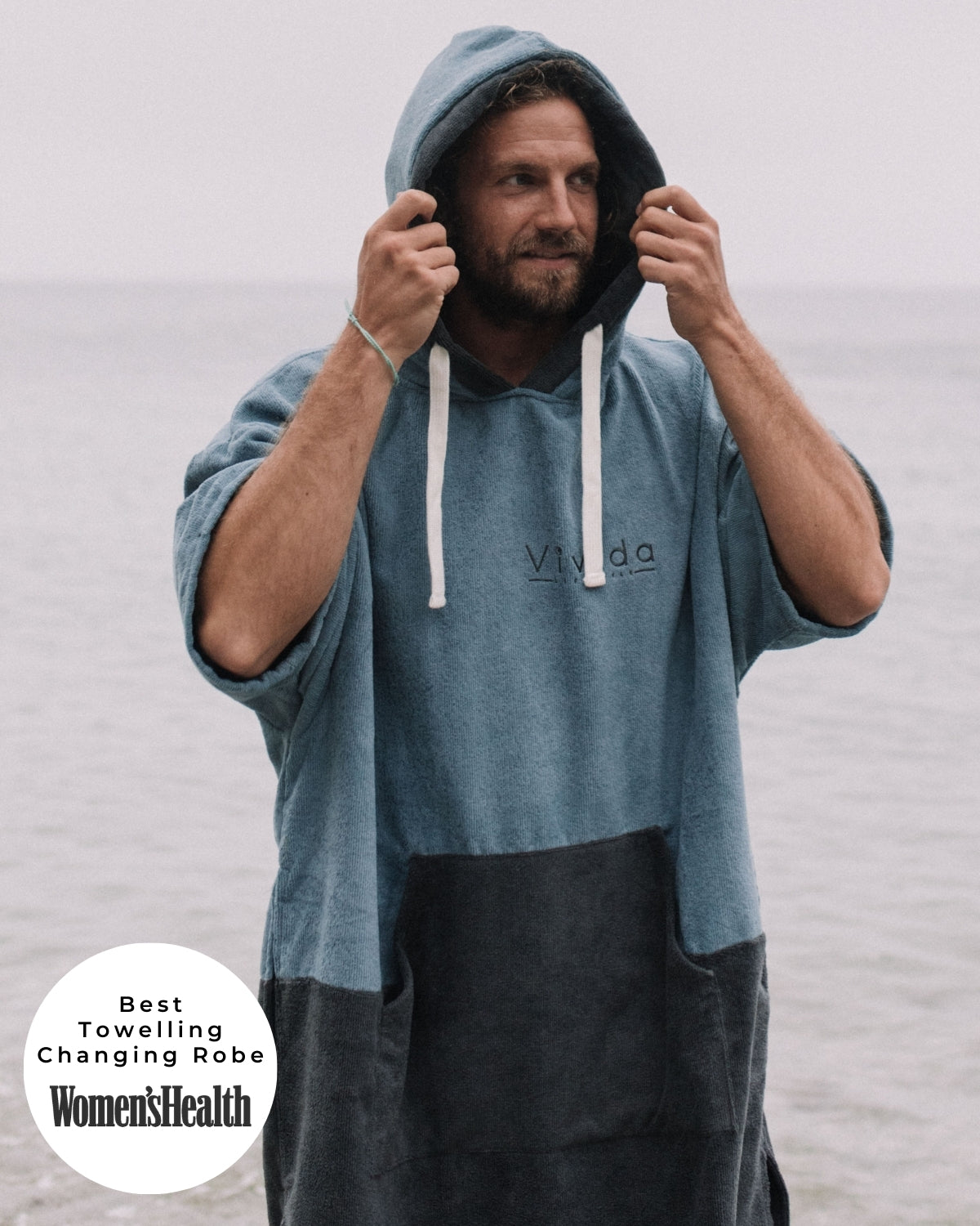 Hooded towel changing robe in mineral blue with anthracite front pocket