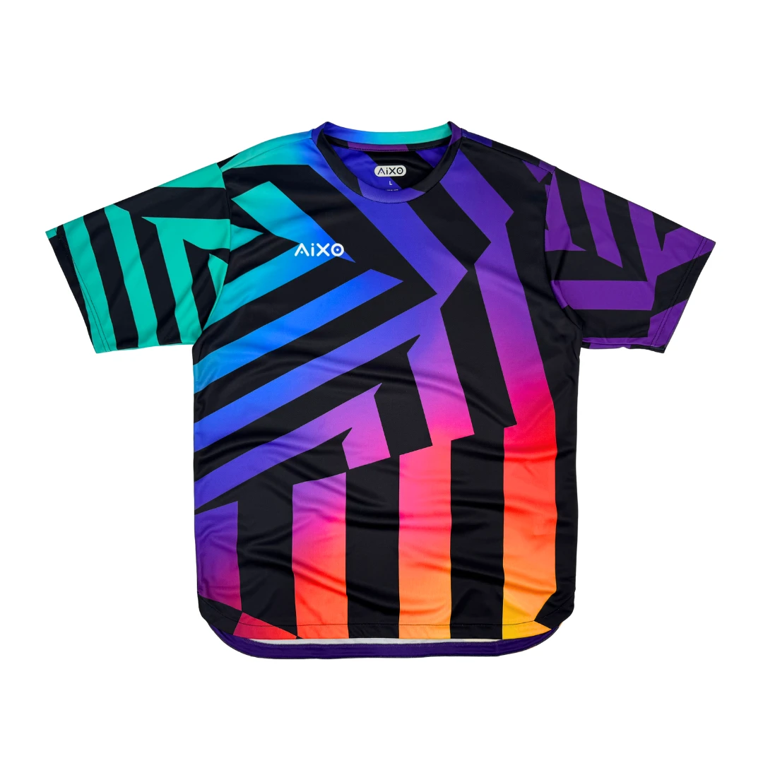 Men's black graphic T-shirt with Aixo logo and multicolor geometric chaos print