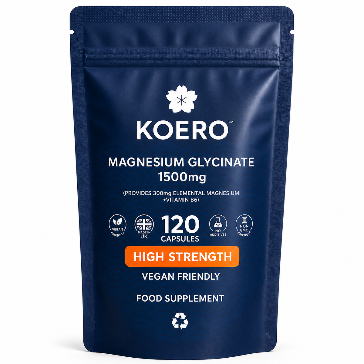 Magnesium glycinate supplement pouch, dark navy, with KOERO branding and 120 capsules