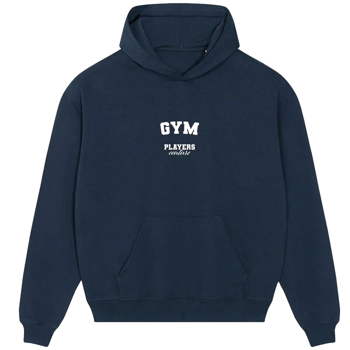 Navy pullover men's hoodie with hood, front pouch pocket, and chest logo print.