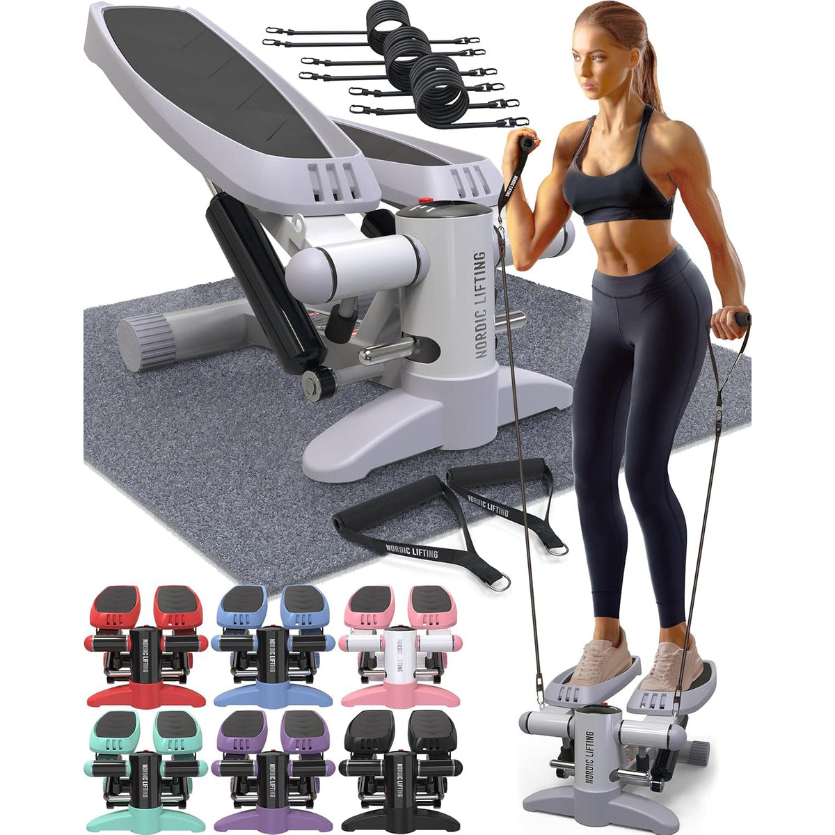 Gray step workout machine with adjustable resistance bands and control screen.