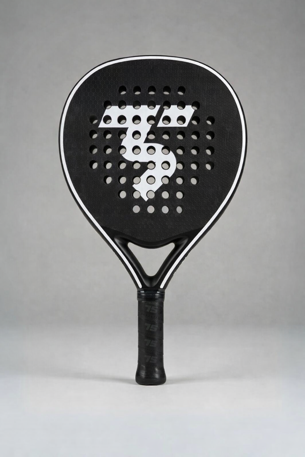 12K carbon padel racket with black perforated face and curved graphite frame