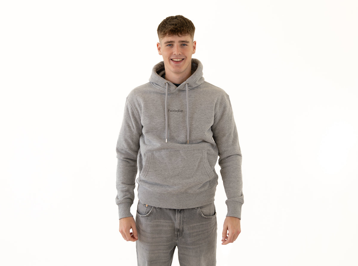 Grey marl pullover hoodie with hood, drawstring ties, and front kangaroo pocket