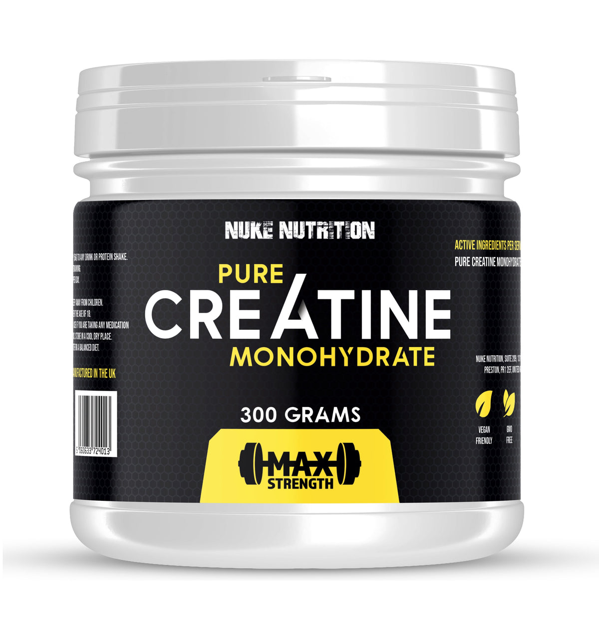 Creatine monohydrate powder tub, black label with PURE and 300 grams text