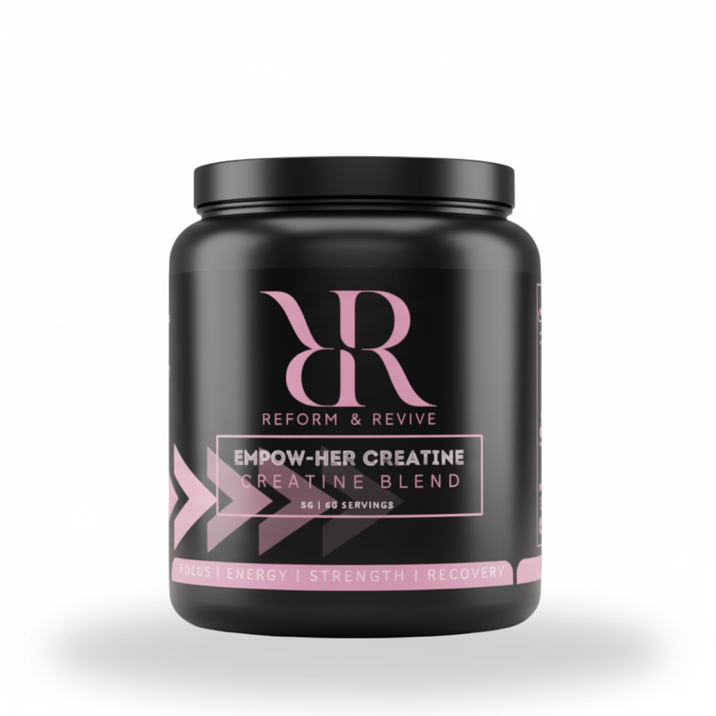 Creatine monohydrate supplement jar with black body, pink label, and screw-on lid.