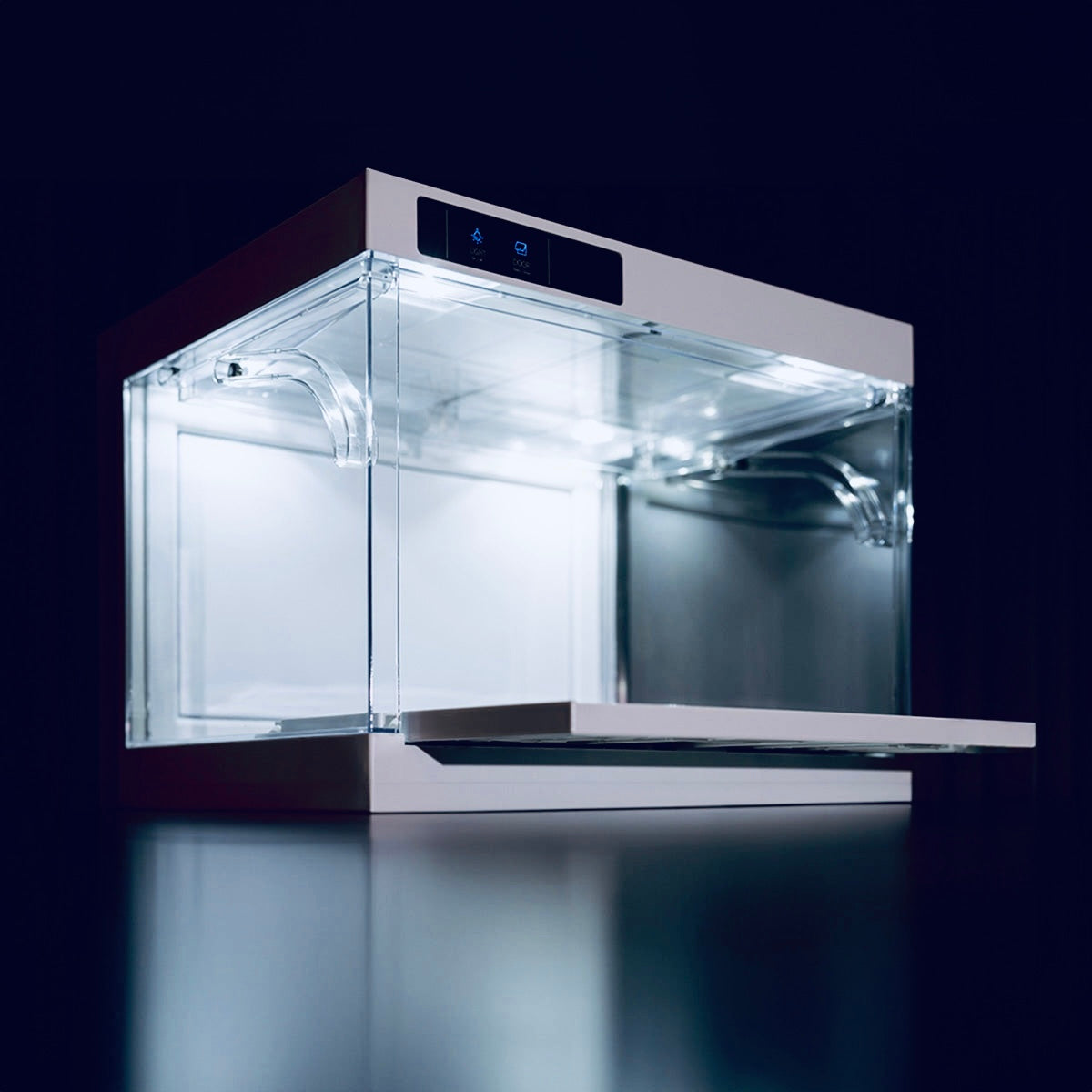 White shoe storage case with clear acrylic doors and top control display