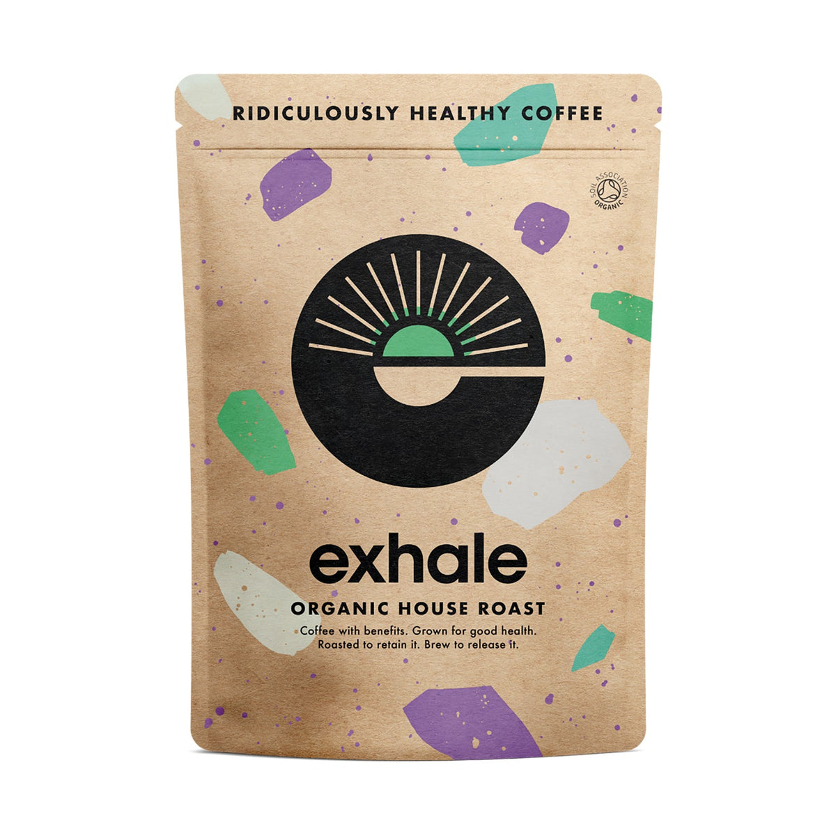 Organic house roast coffee bag with illustrated black-and-green logo