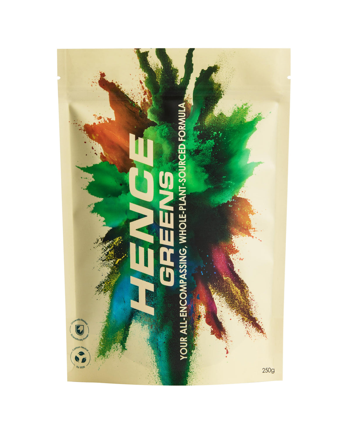 Hence Greens powder pouch, colorful front design, 250 g, single pouch pack
