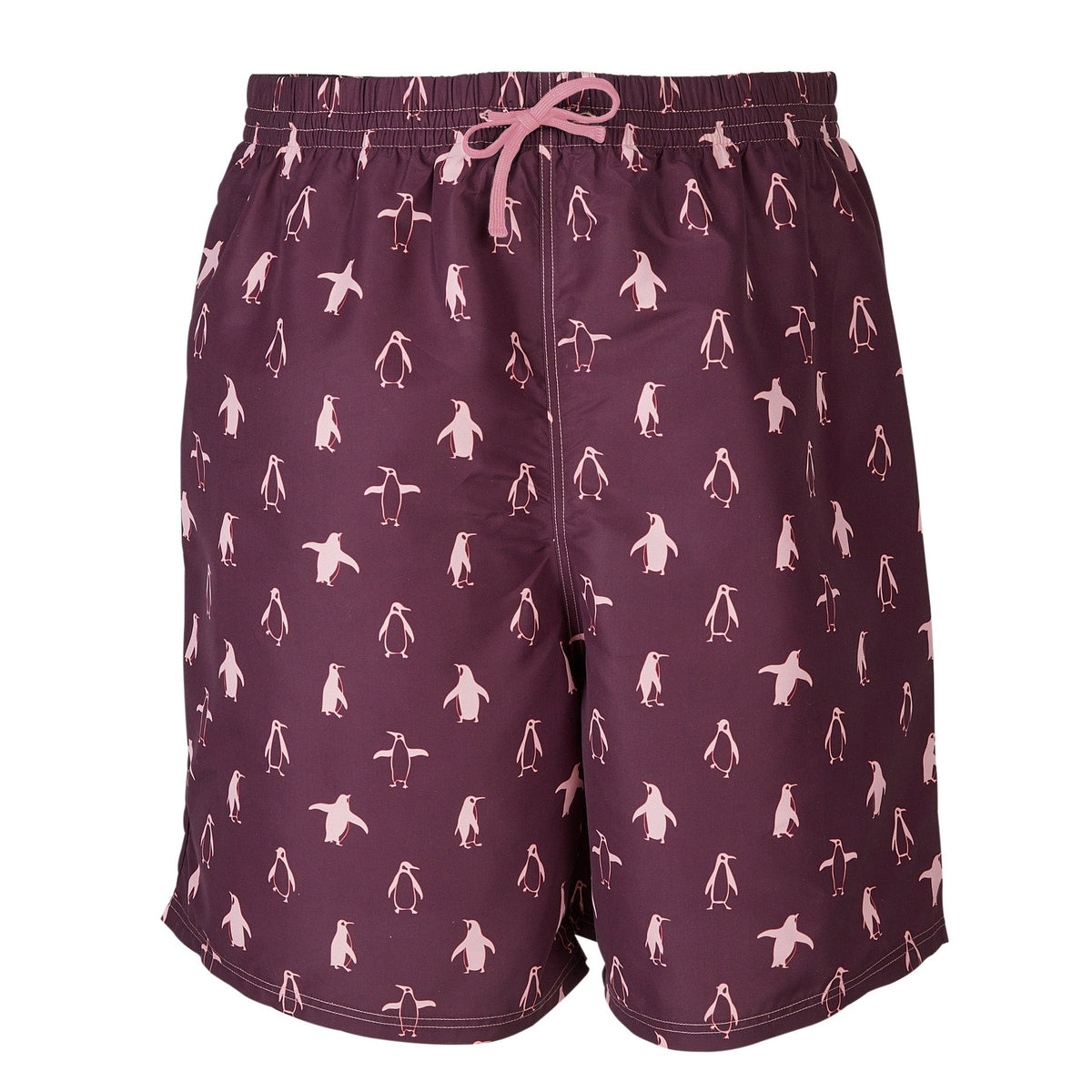 Dark maroon men's eco-board shorts with white animal print and drawstring waist