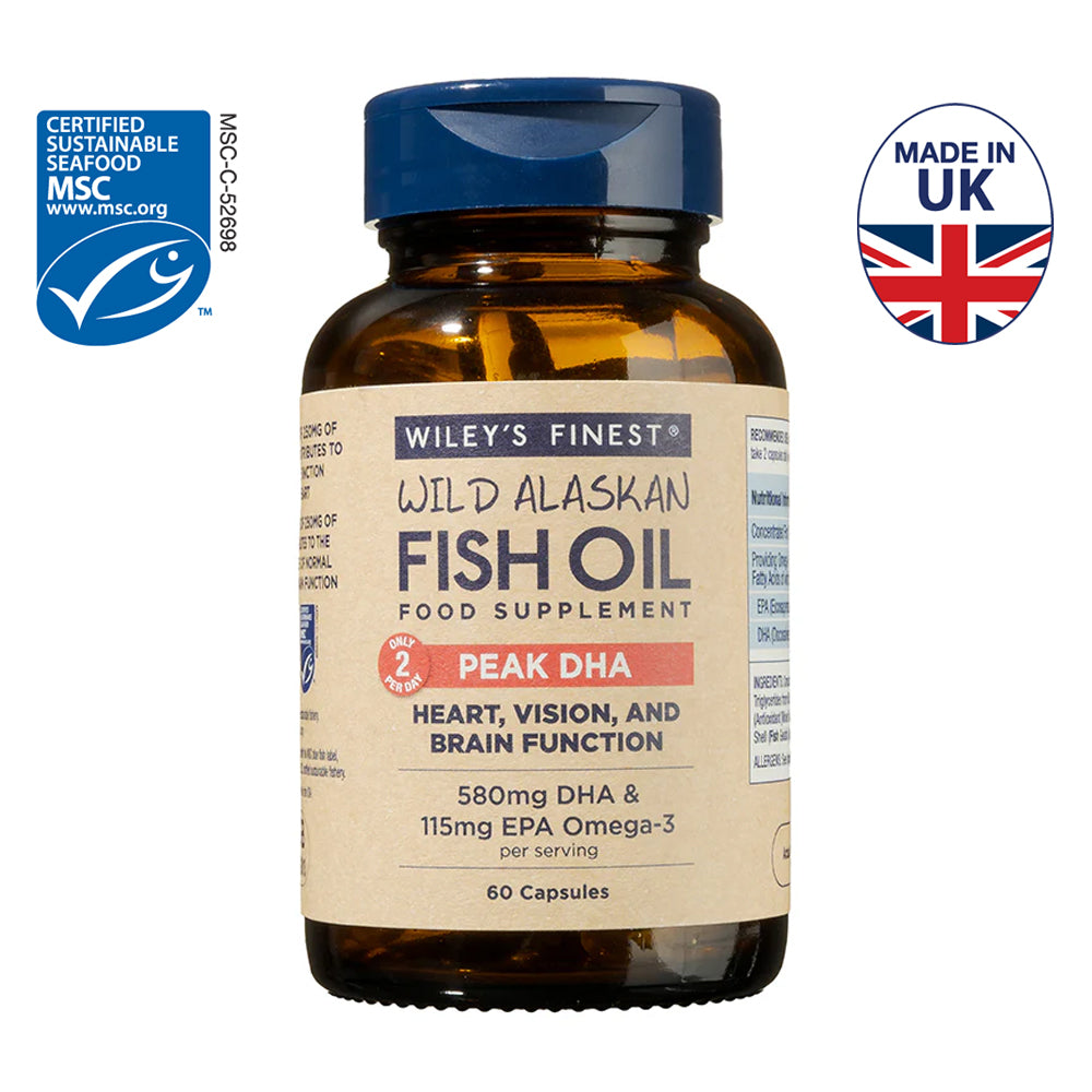 Wild Alaskan fish oil supplement bottle with blue cap and amber label, 60 capsules