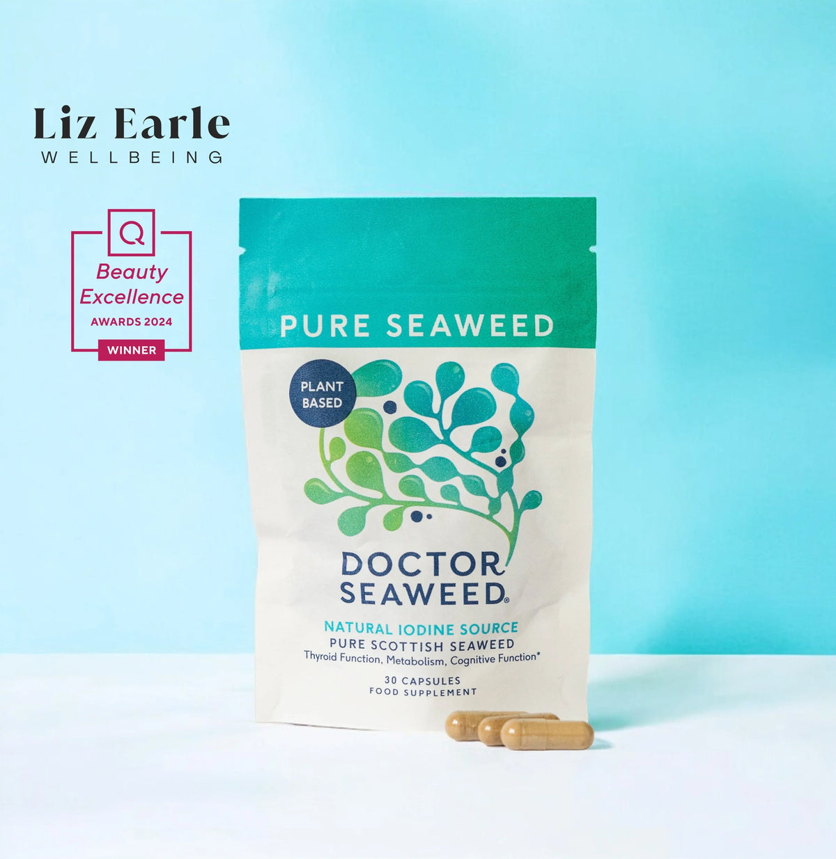 Pure organic seaweed supplement pouch, teal and white packaging with plant illustration