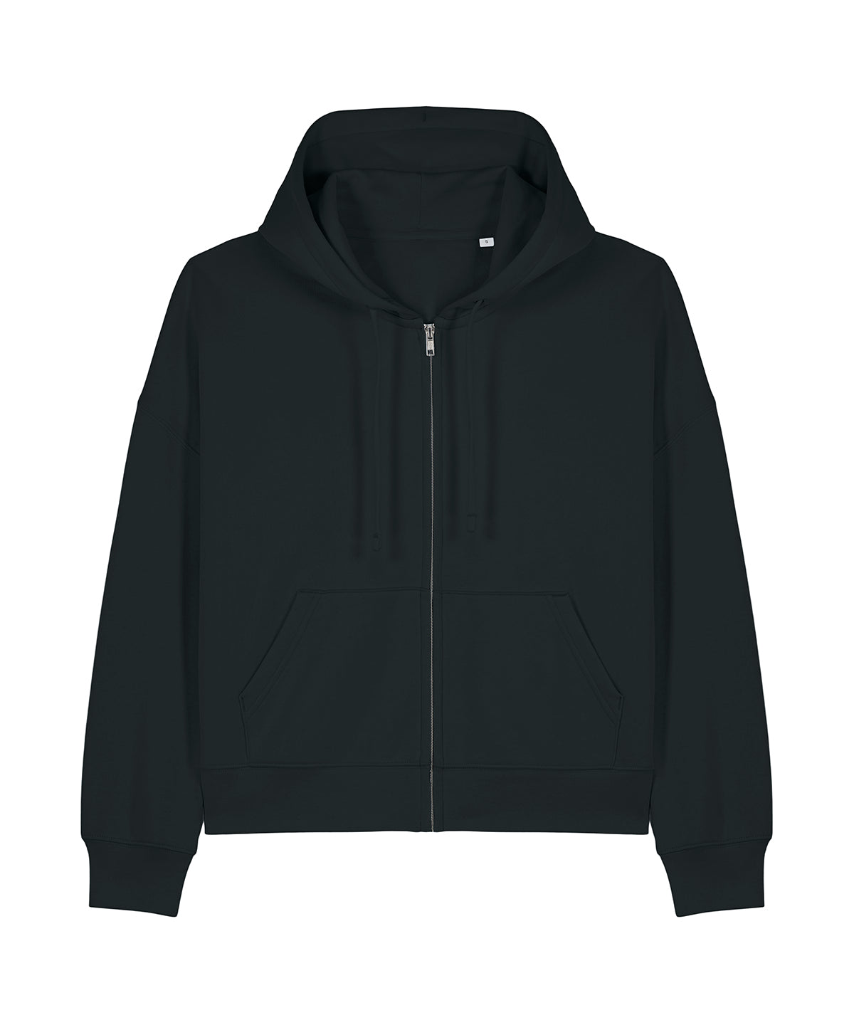 Black zip-up hoodie with hood and drawstrings, kangaroo pocket, long sleeves