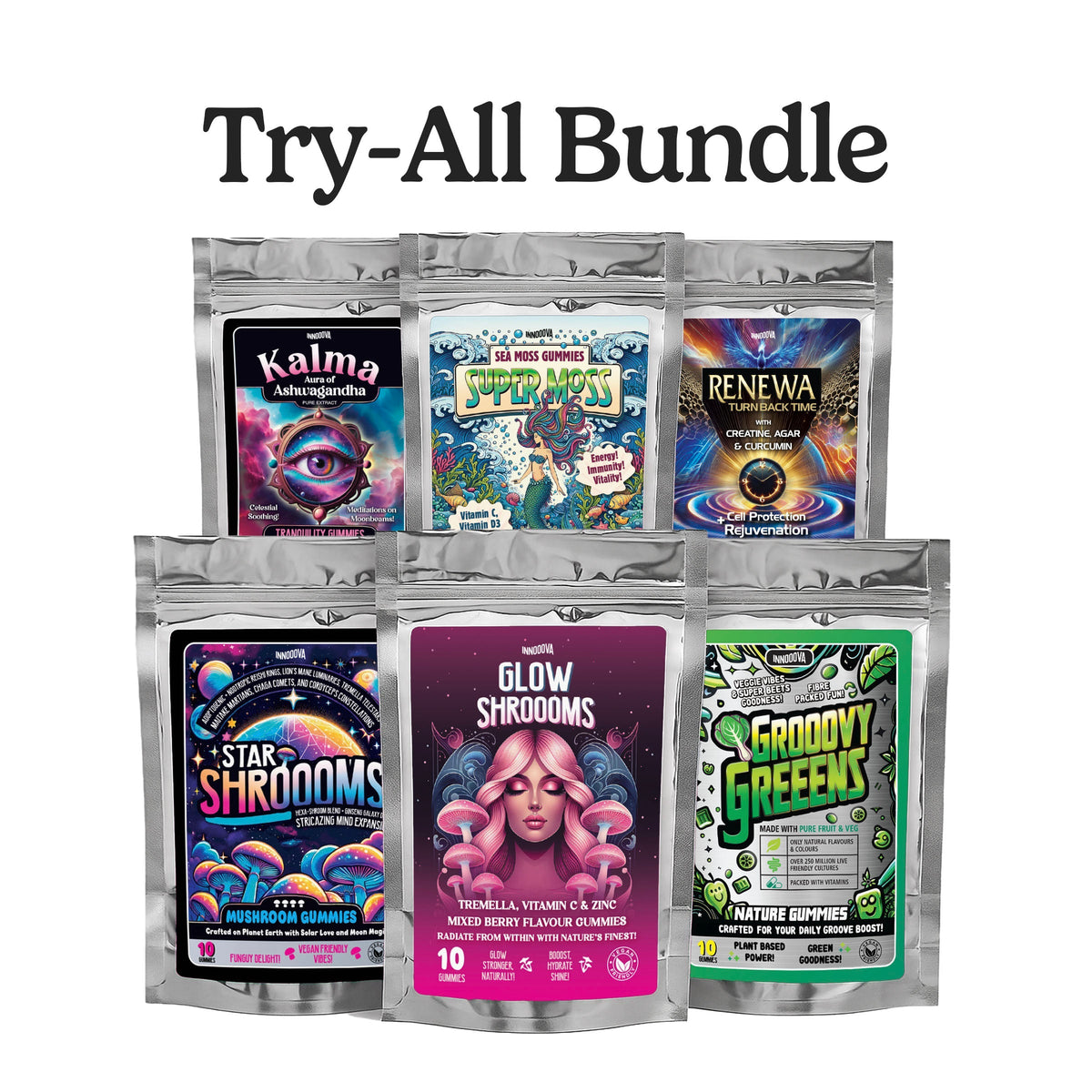 Supplement pouch assortment set with six silver bag packages in the Try-All Bundle