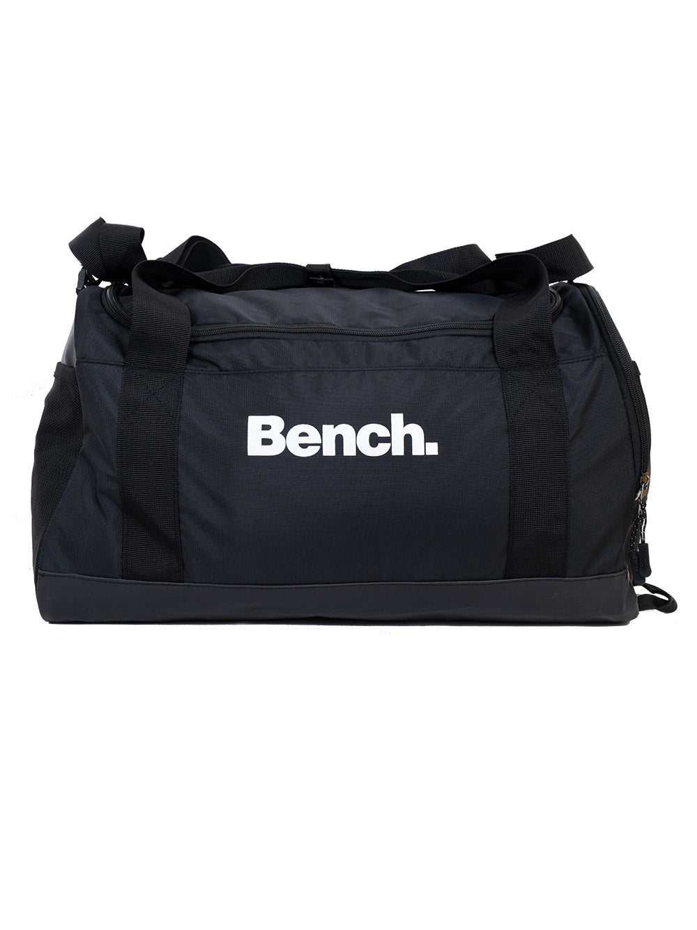 Black holdall bag with Bench logo, top handles, and zippered main compartment