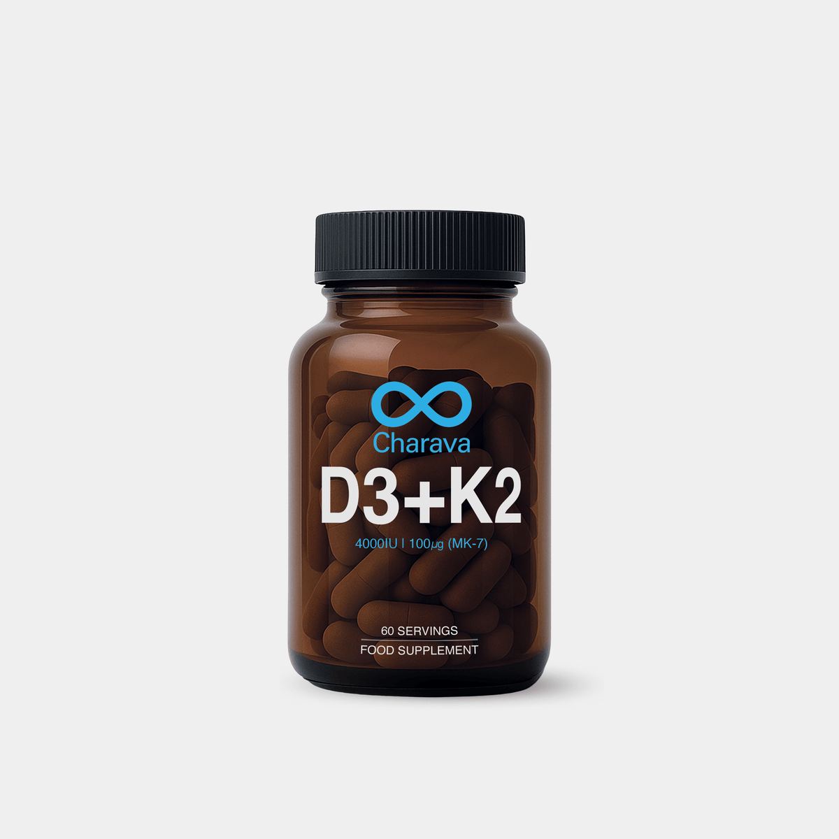Charava D3+K2 vitamin supplement bottle, black cap, amber jar, 60 servings