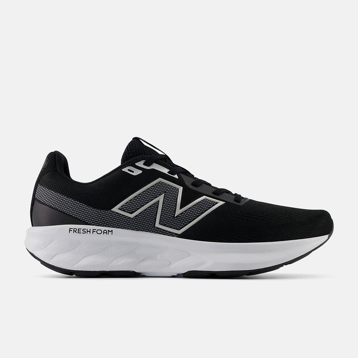 Black men's New Balance Fresh Foam trainer shoe with lace-up front and silver logo