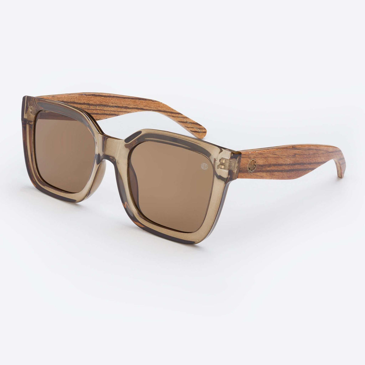 Wood-look frame sunglasses with square brown lenses and dark acetate temples