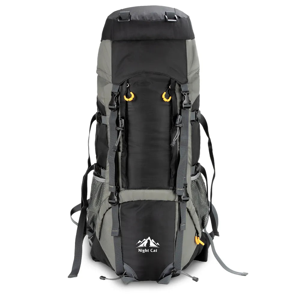 Black internal-frame hiking backpack with ventilated back, shoulder straps, and side pockets