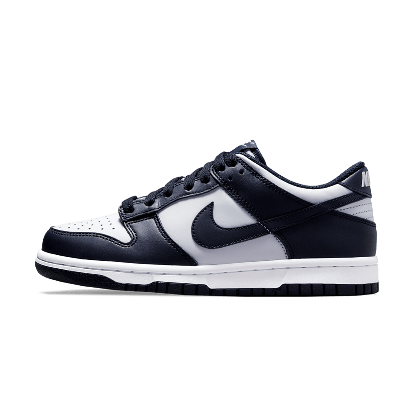 Nike Dunk Low low-top sneakers in navy and white leather, lace-up with swoosh.