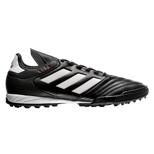 Black adidas Copa TF football boot with white three-stripe upper and lace-up closure