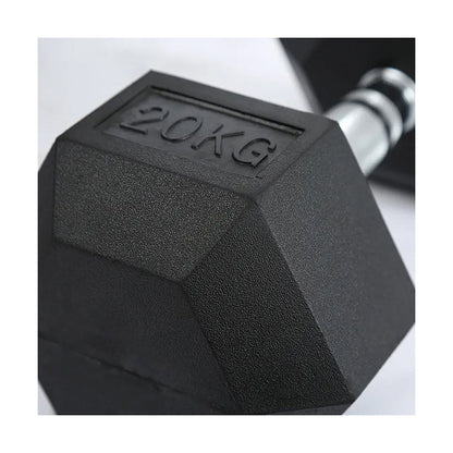 Rubber-coated hex dumbbell, black end cap with raised weight marking and textured grip